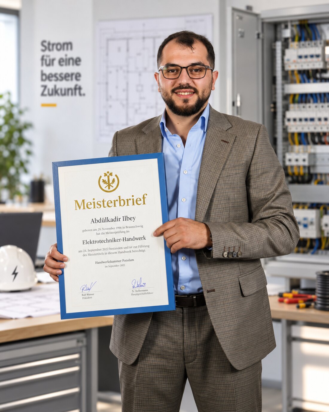 Abdülkadir Ilbey, Elektrotechnikermeister und Geschäftsführer der ILBEY GmbH, mit seinem Meisterbrief